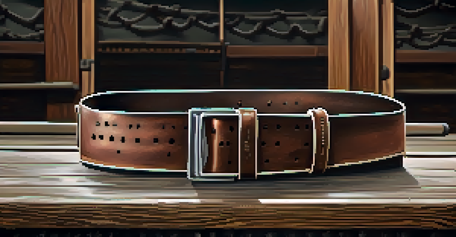 A close-up of a powerlifting belt and chalk on a wooden bench, with blurred silhouettes of lifters training in the background.