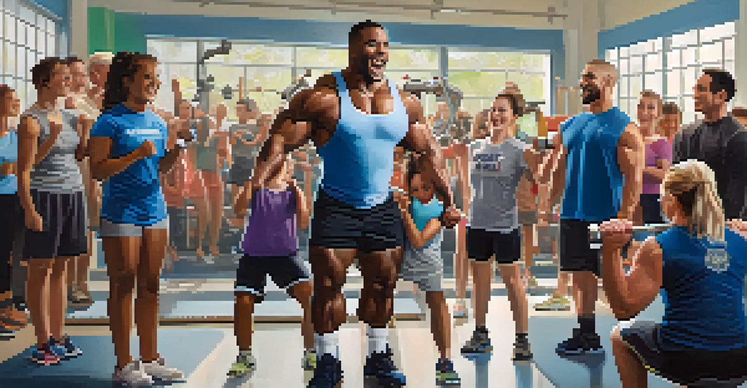 A powerlifter lifting weights in a gym with family members cheering and supporting them.