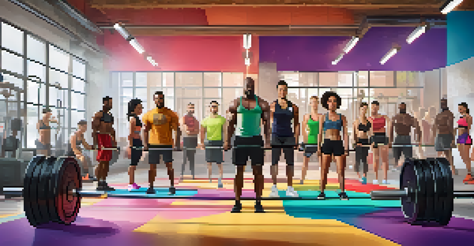 A diverse group of people lifting trap bars together in a vibrant gym setting, showcasing camaraderie in fitness.