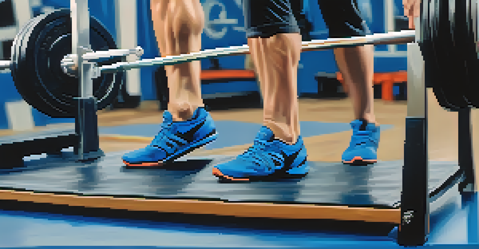 Close-up of a powerlifter's feet performing ankle mobility exercises on a blue gym mat.