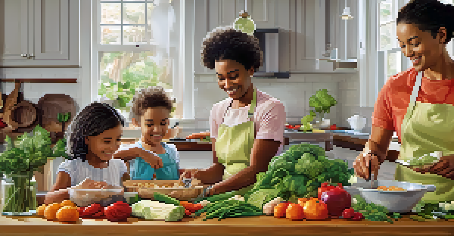 A family cooking healthy meals together in a modern kitchen, with vibrant ingredients on the countertop and members actively participating in meal preparation.