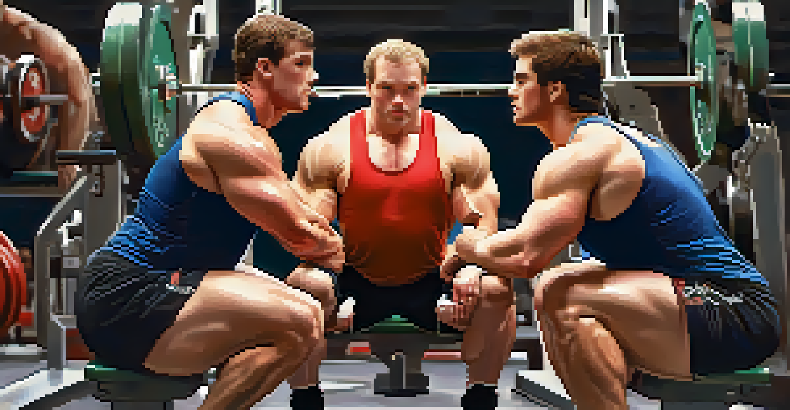 Close-up of two powerlifters in a supportive training session, showcasing feedback and community.