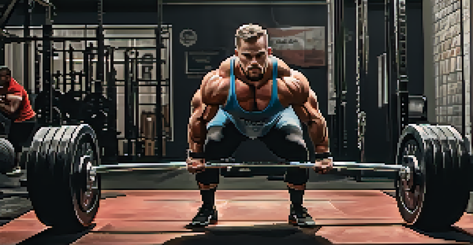 A powerlifter lifting heavy weights in a gym, showing strength and concentration.