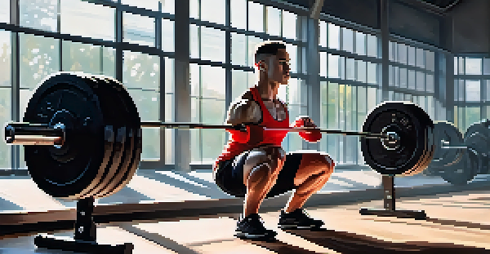 A powerlifter executing a deep squat in a bright and spacious gym, showcasing strength and focus.
