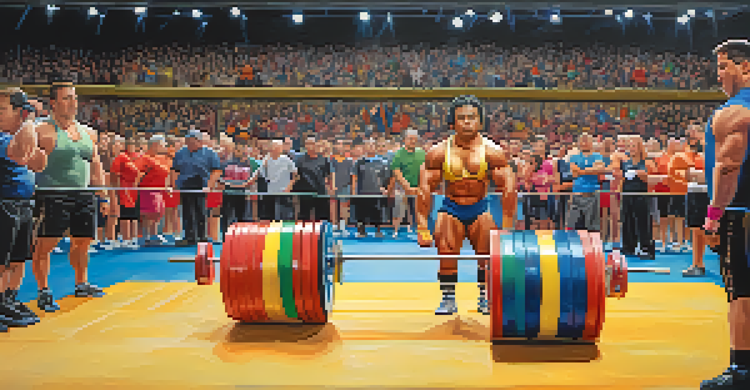 A lively powerlifting competition with diverse athletes lifting on stage, surrounded by an excited crowd and bright lights.