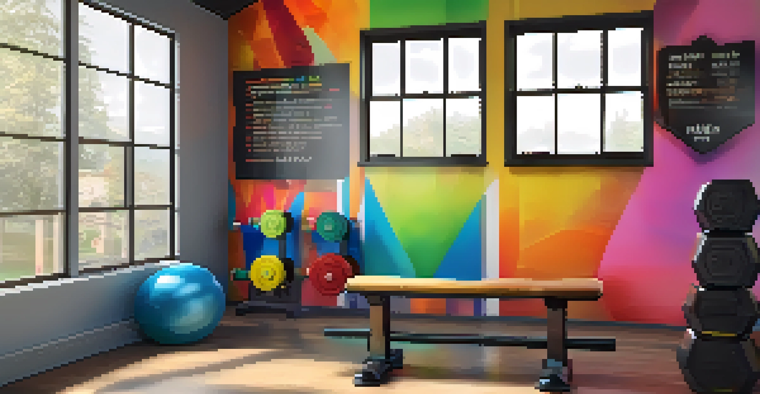 A motivational training space with an open training log, weights, and bright quotes on the walls, illuminated by natural light.
