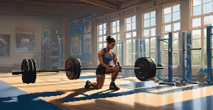 A powerlifter warming up in a gym with weights and equipment in the background, illuminated by natural light from large windows.