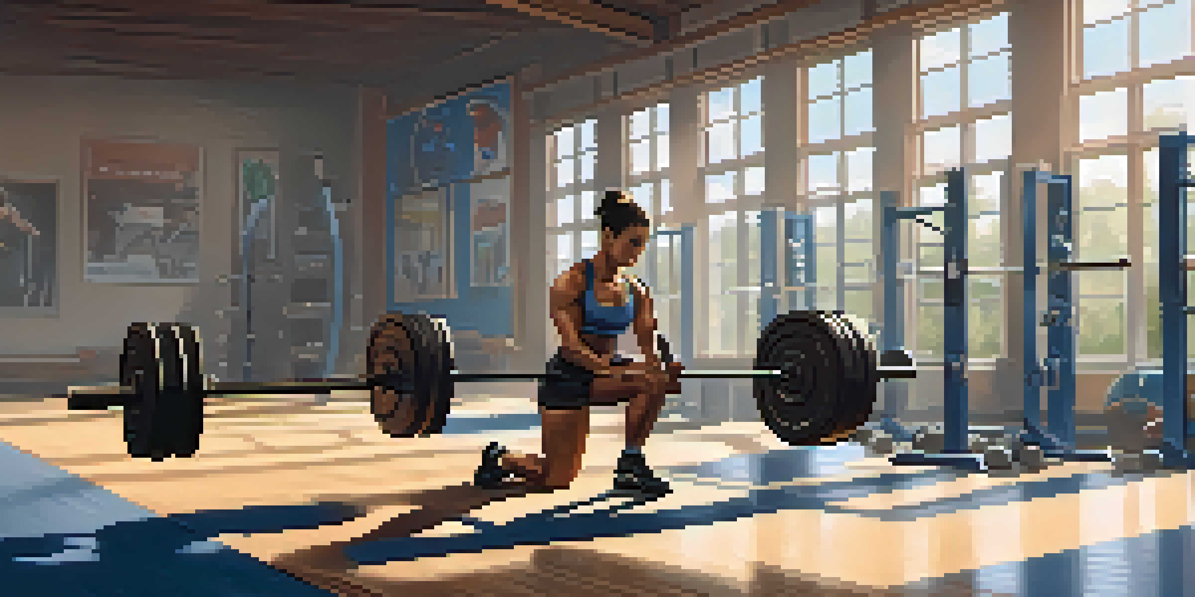 A powerlifter warming up in a gym with weights and equipment in the background, illuminated by natural light from large windows.
