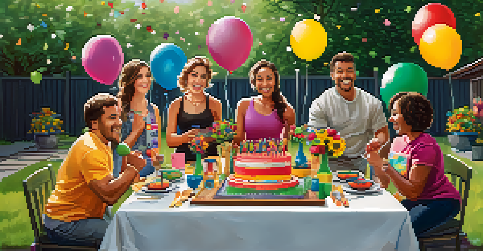 A family celebration in a backyard with a powerlifting-themed cake and trophies, surrounded by happy family members.