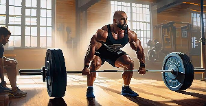 A powerlifter in a gym performing a deadlift, with a heavy barbell and bright sunlight illuminating the scene.