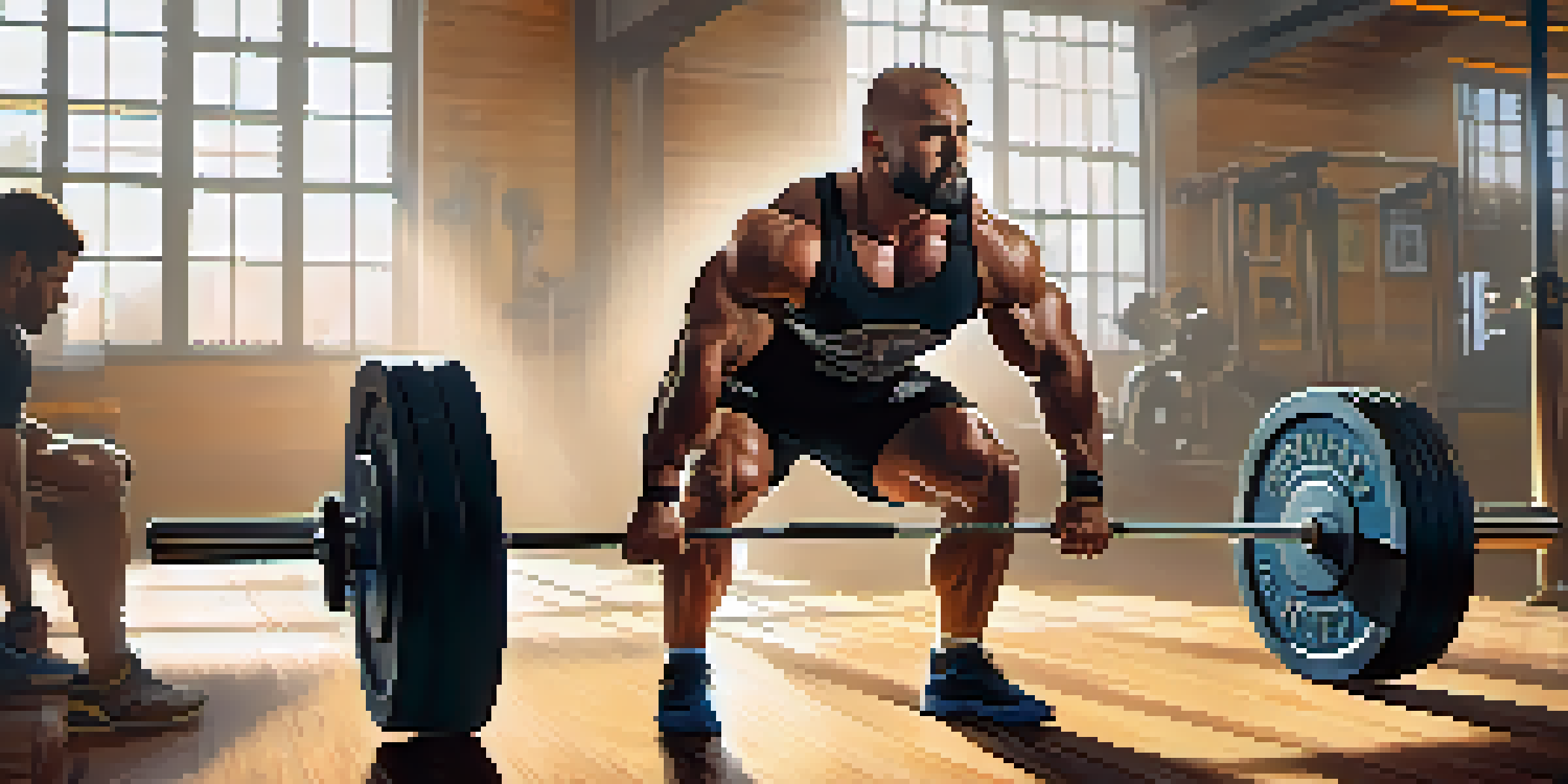 A powerlifter in a gym performing a deadlift, with a heavy barbell and bright sunlight illuminating the scene.