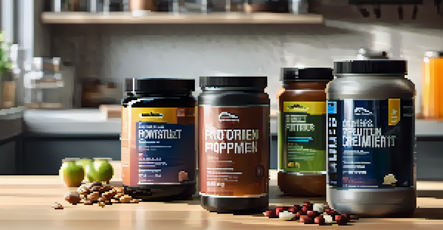A collection of powerlifting supplements displayed on a kitchen counter, with healthy foods nearby.