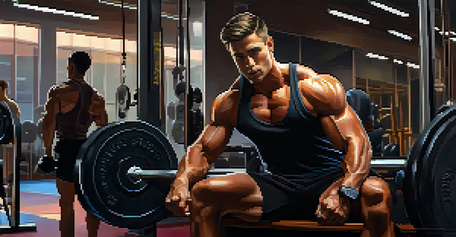 A focused athlete in a gym holding a protein shake, surrounded by weights and workout equipment, with bright overhead lights illuminating the space.