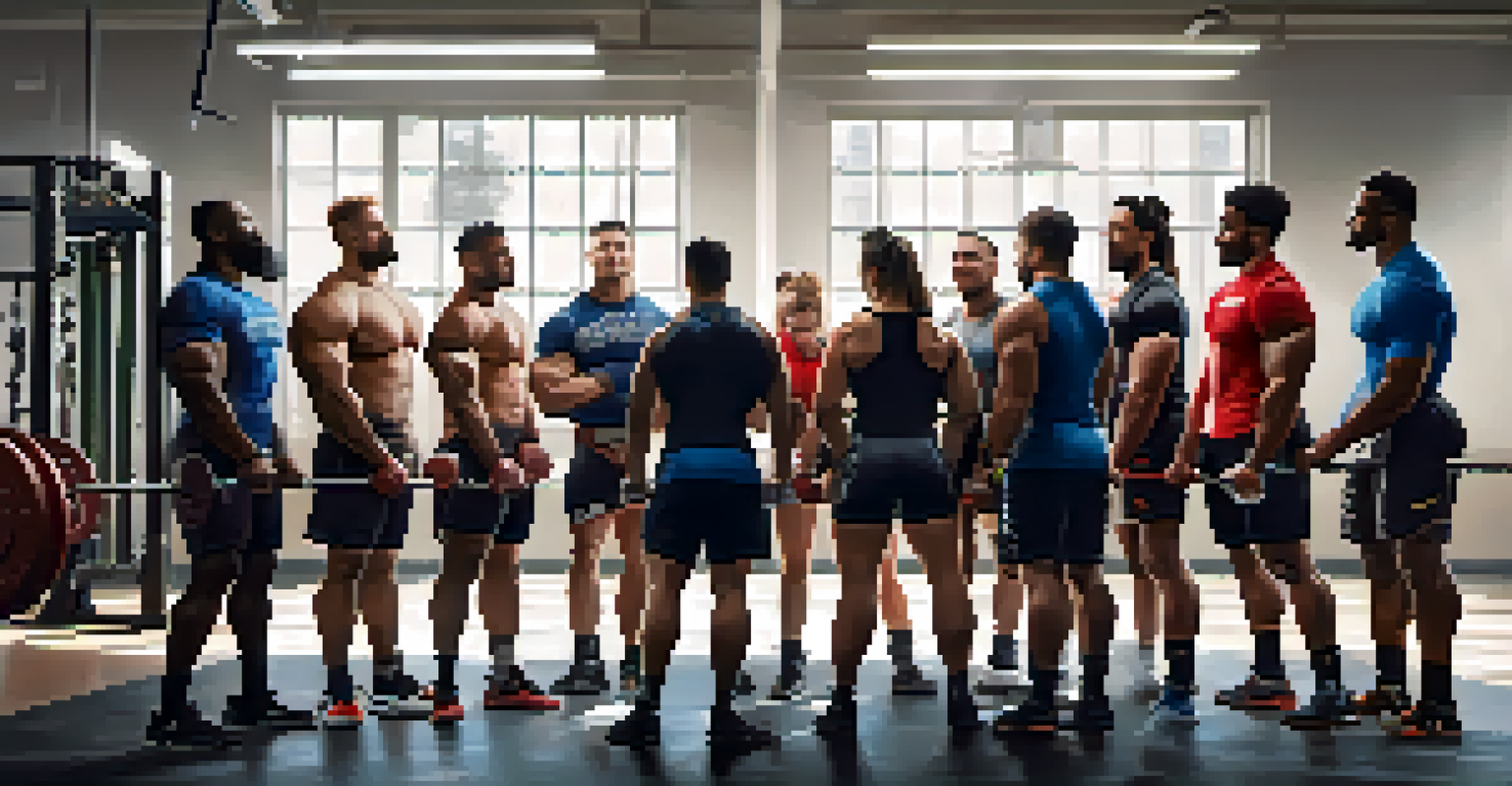 A diverse group of powerlifting athletes sharing their training progress in a gym.