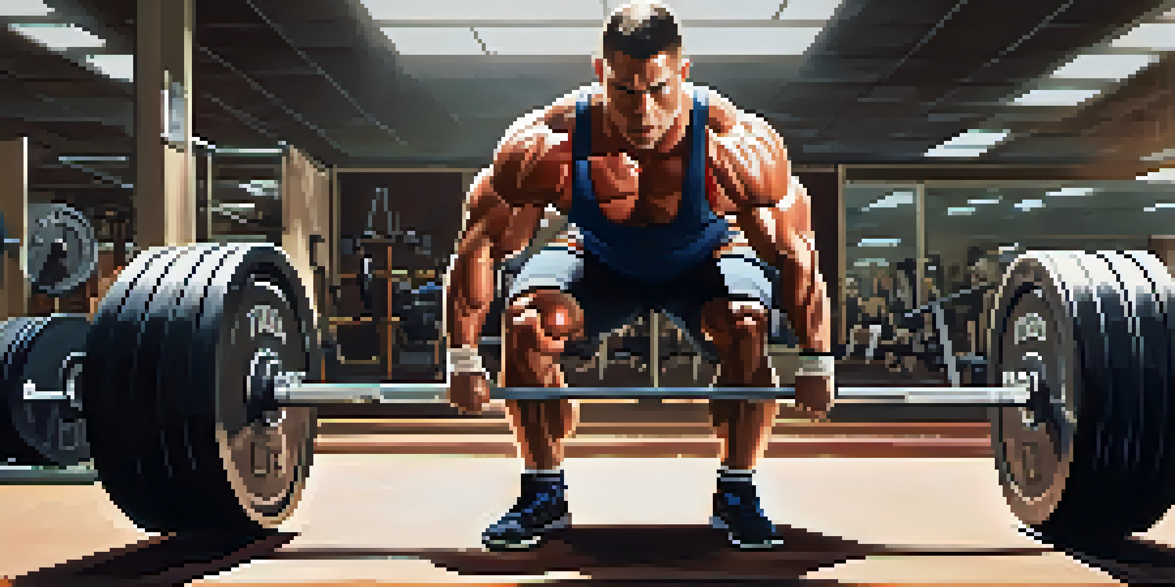 A powerlifter lifting weights in a gym, demonstrating strength and concentration.