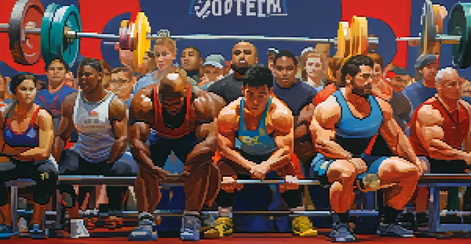 A diverse group of athletes at a powerlifting competition, with a female athlete preparing for a squat in the foreground.