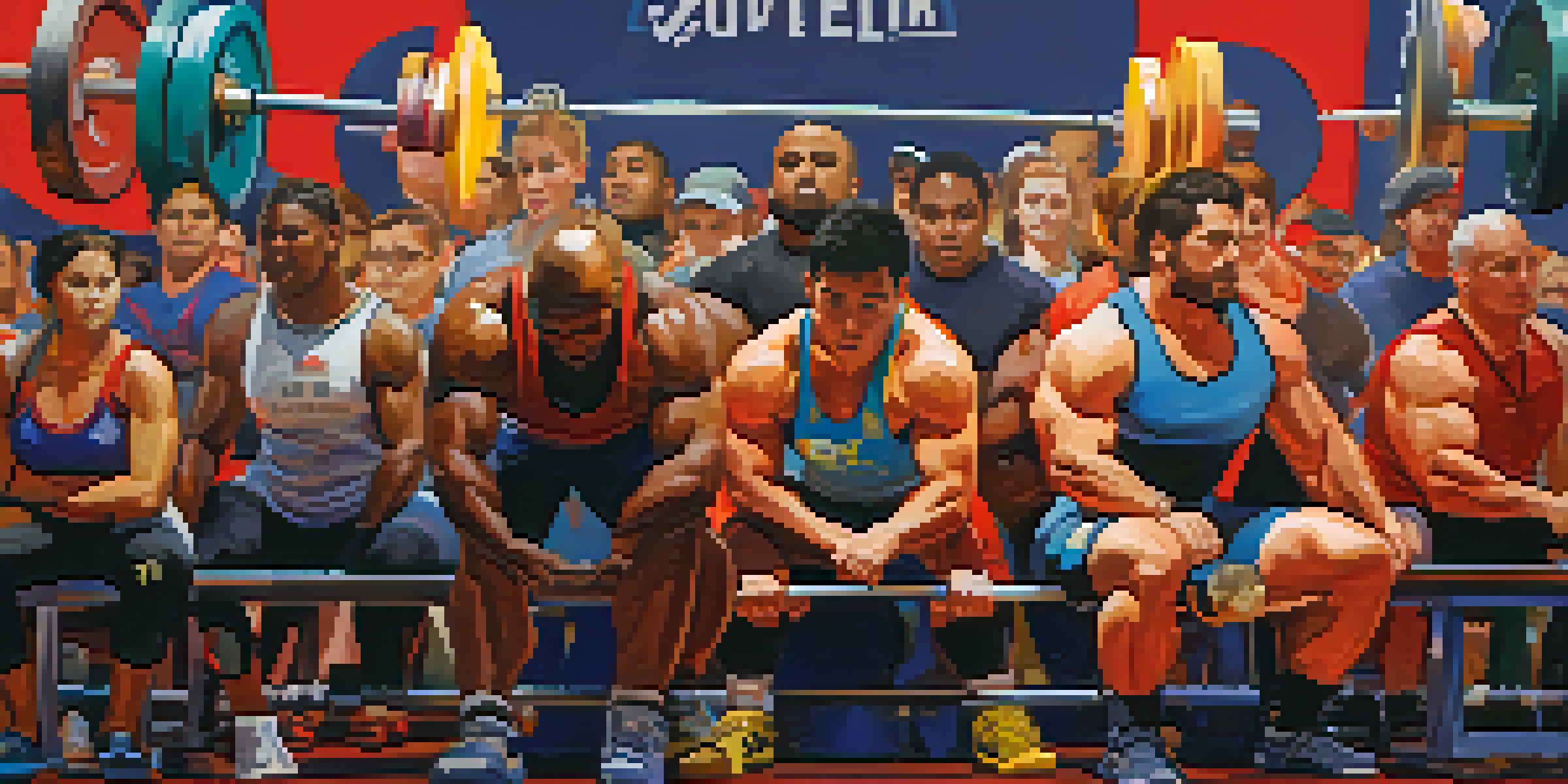 A diverse group of athletes at a powerlifting competition, with a female athlete preparing for a squat in the foreground.