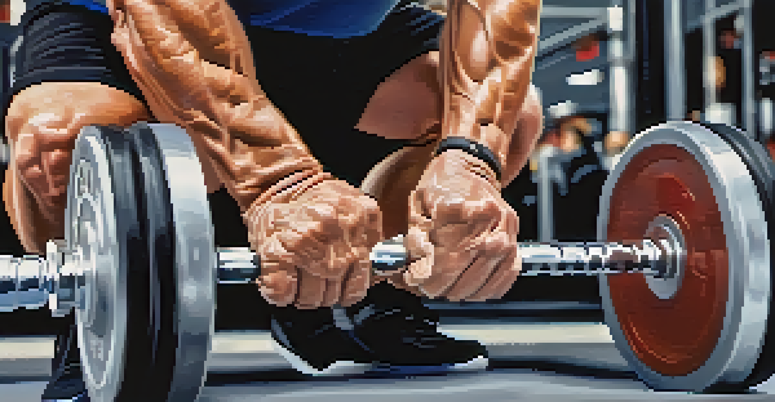 Close-up of a senior's hands gripping a barbell, with a blurred gym background.