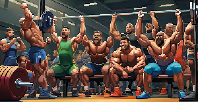 A group of diverse powerlifters in a gym supporting a teammate during a bench press lift, surrounded by weightlifting equipment.