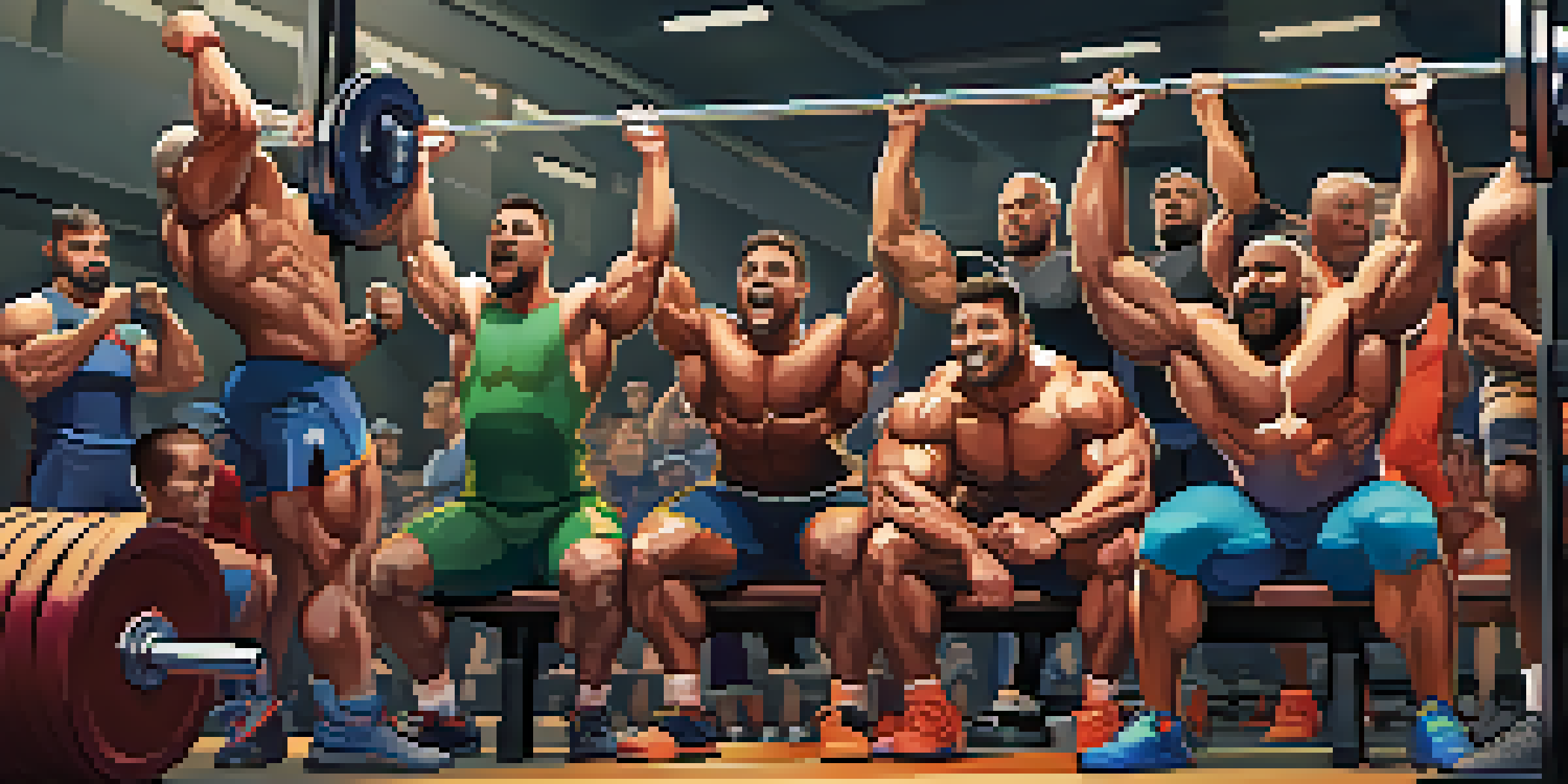A group of diverse powerlifters in a gym supporting a teammate during a bench press lift, surrounded by weightlifting equipment.
