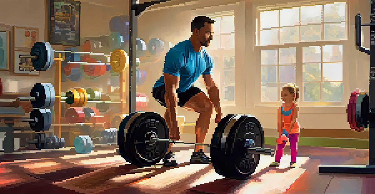 A father teaching his child powerlifting techniques in a home gym filled with colorful weights and motivational quotes.