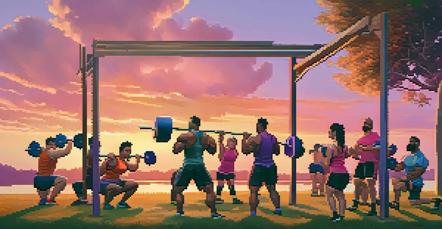 A group of powerlifters training outdoors at sunset, with a colorful sky and supportive atmosphere.