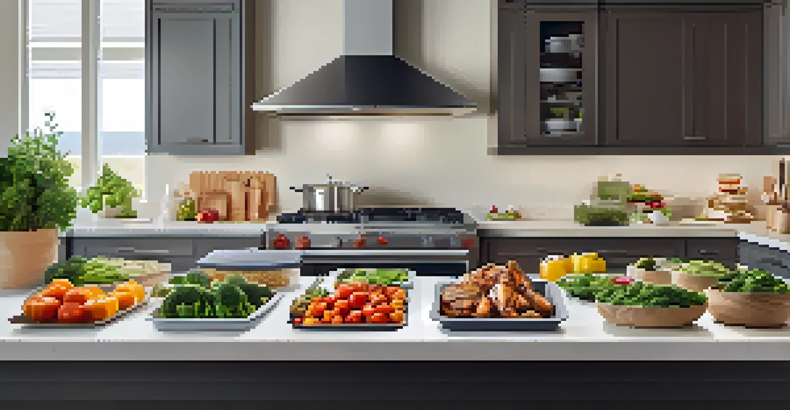 A meal prep scene with containers of grilled chicken, quinoa, and vegetables on a kitchen countertop, surrounded by utensils and a notepad.