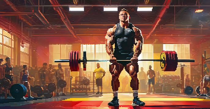 A muscular powerlifter mid-clean and jerk in a brightly lit gym, surrounded by equipment and motivational posters.
