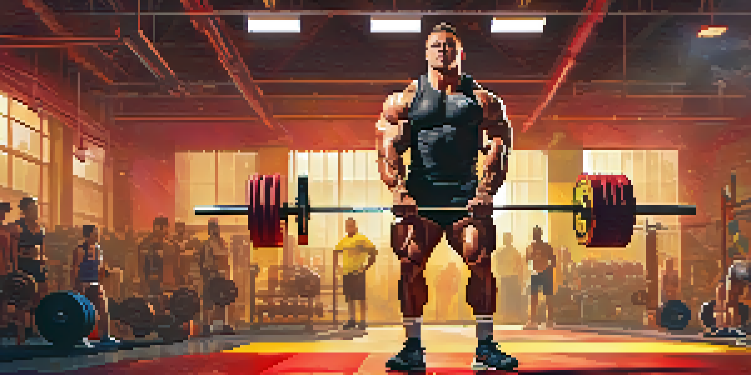 A muscular powerlifter mid-clean and jerk in a brightly lit gym, surrounded by equipment and motivational posters.