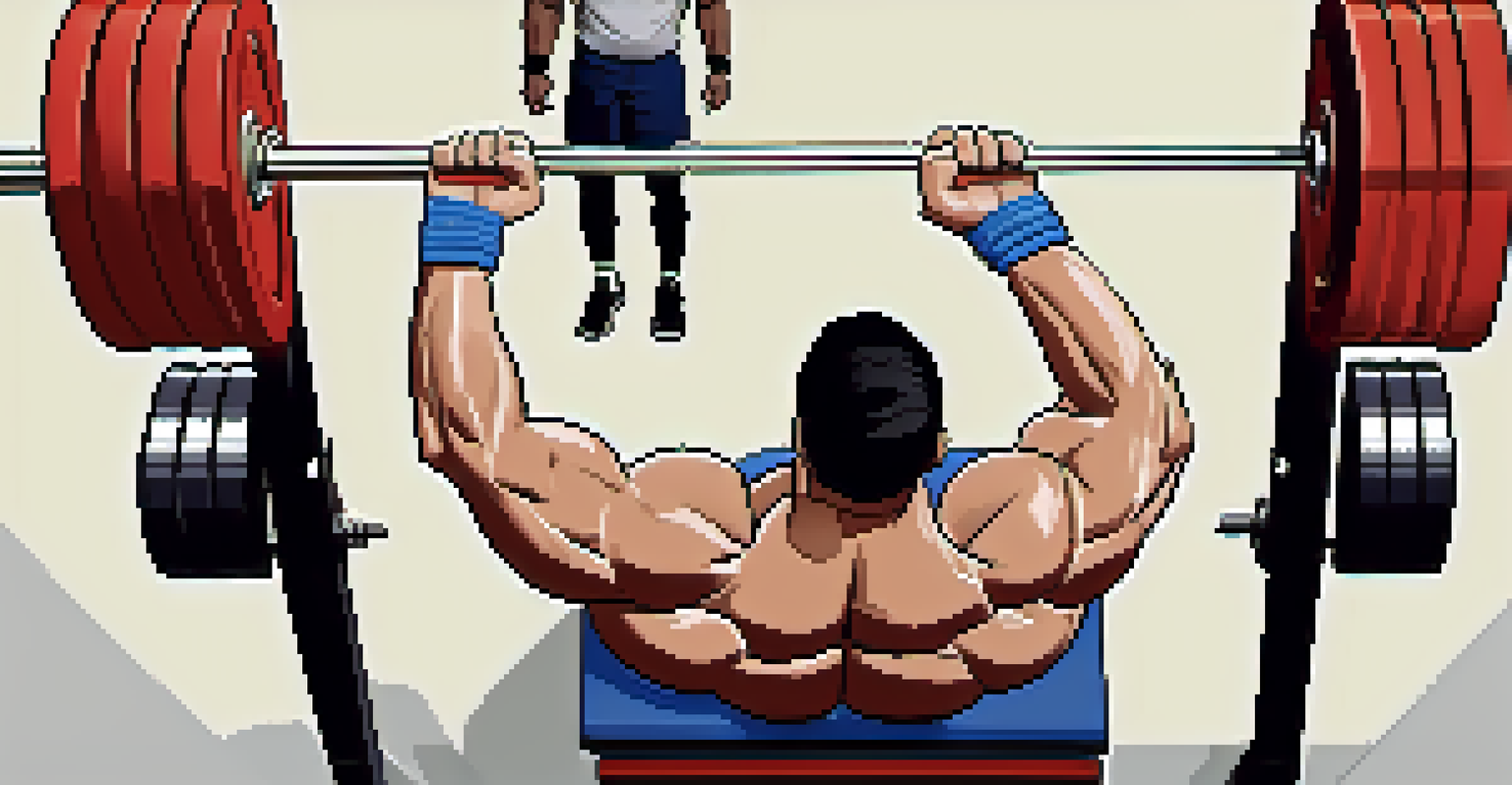 An overhead view of a powerlifting coach advising a lifter on proper bench press posture, focusing on shoulder position and spine alignment.