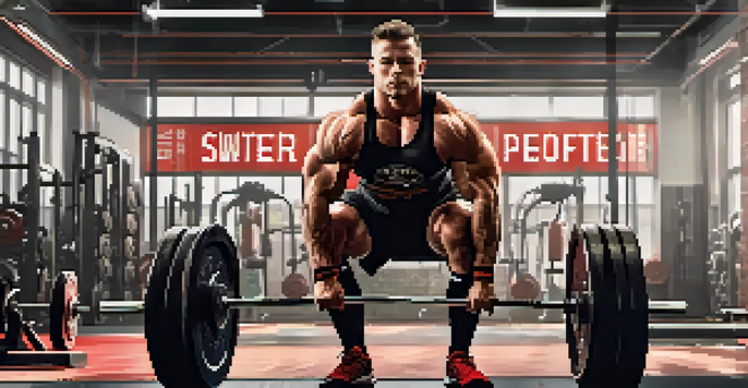 A focused powerlifter performing a deadlift in a bright gym, wearing a black and red belt with gym equipment in the background.