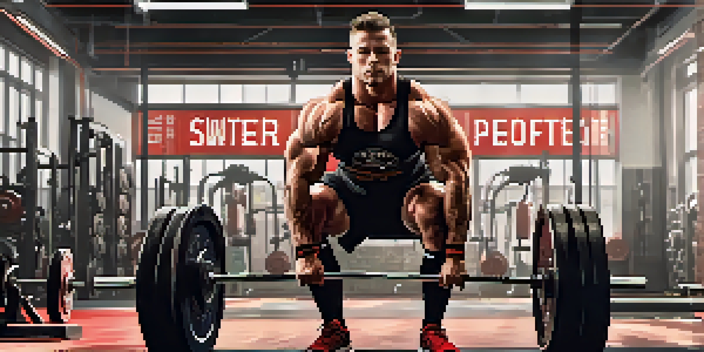 A focused powerlifter performing a deadlift in a bright gym, wearing a black and red belt with gym equipment in the background.