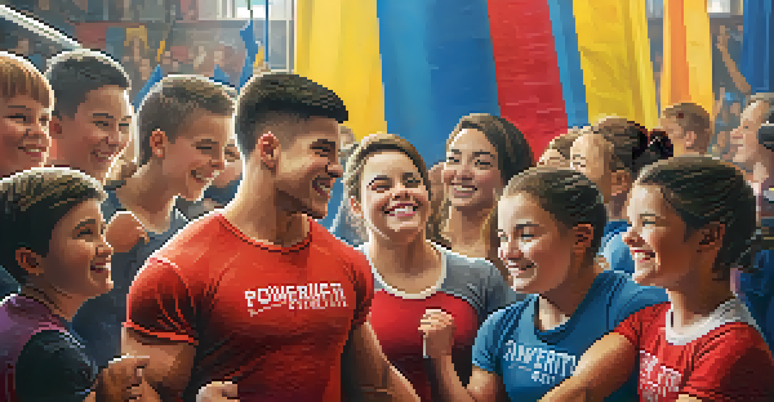 A group of young powerlifters celebrating together in a supportive setting.