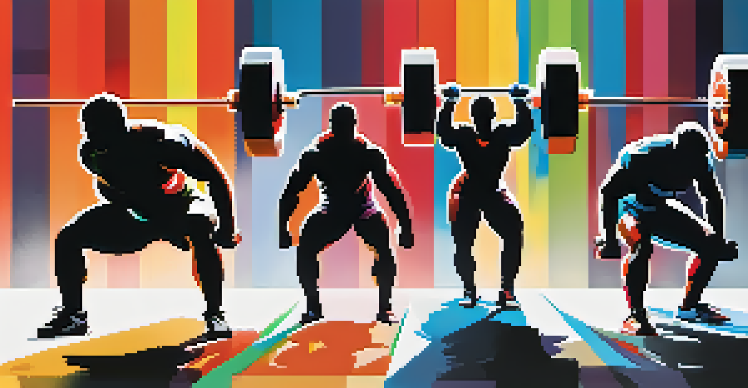 Silhouettes of powerlifters in various lifting poses against a colorful gradient background, with text highlighting diversity and integrity.