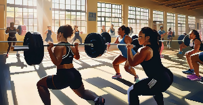A lively gym scene featuring a diverse group of women powerlifters training together, displaying strength and camaraderie.