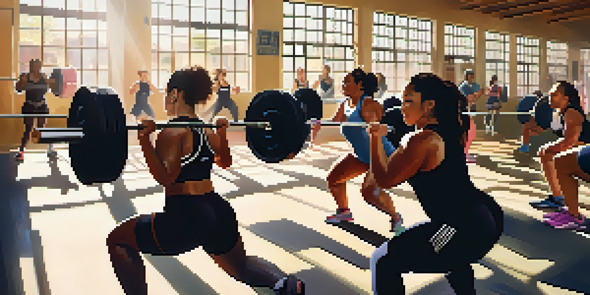 A lively gym scene featuring a diverse group of women powerlifters training together, displaying strength and camaraderie.