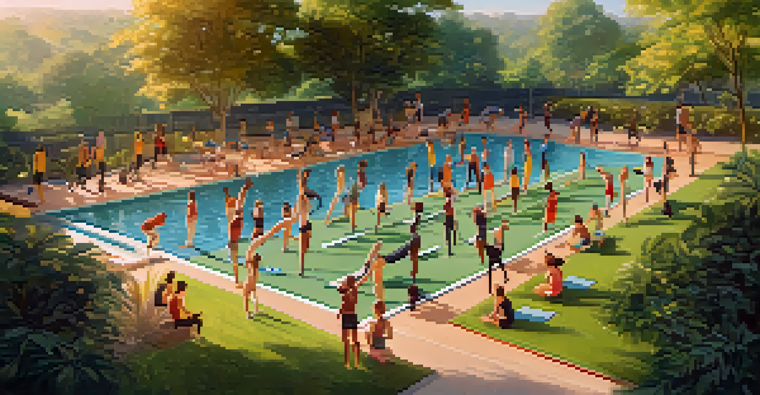 A diverse group of athletes participating in outdoor cross-training activities like yoga, cycling, and swimming in a lush setting.