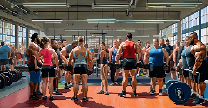 A diverse group of powerlifters in a gym, showcasing camaraderie among lifters of different body types and backgrounds.