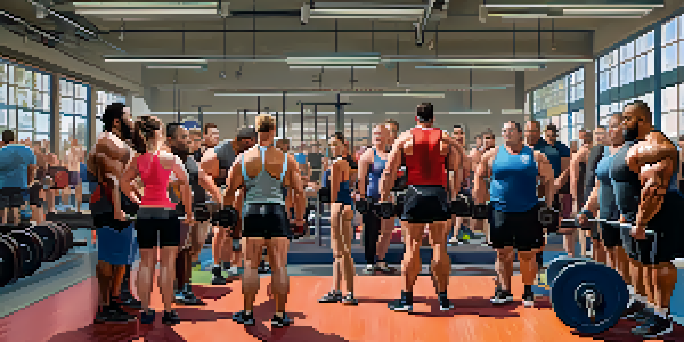 A diverse group of powerlifters in a gym, showcasing camaraderie among lifters of different body types and backgrounds.