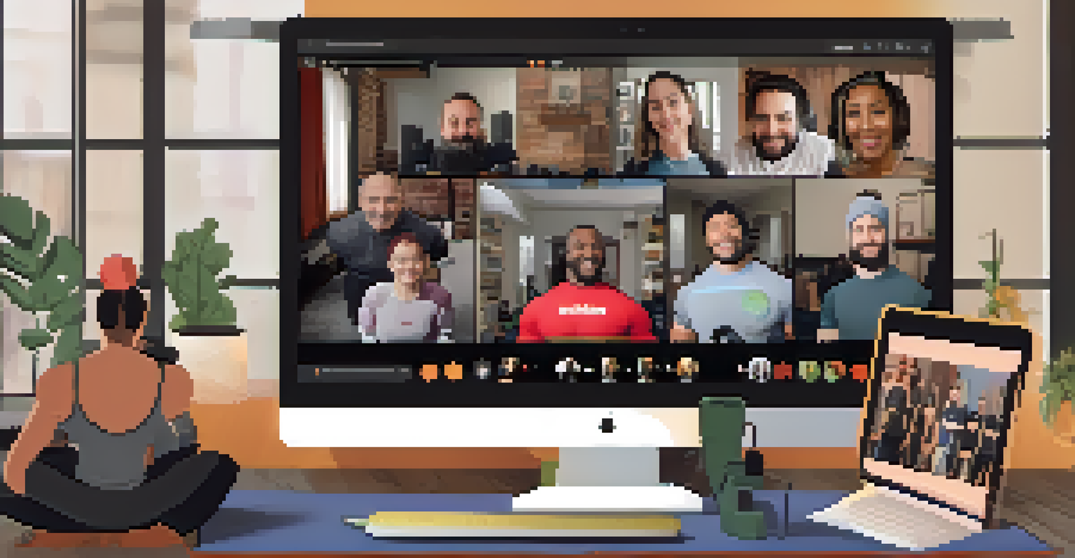 A virtual conference of powerlifting enthusiasts sharing tips and support, showcasing a sense of community and inclusivity.