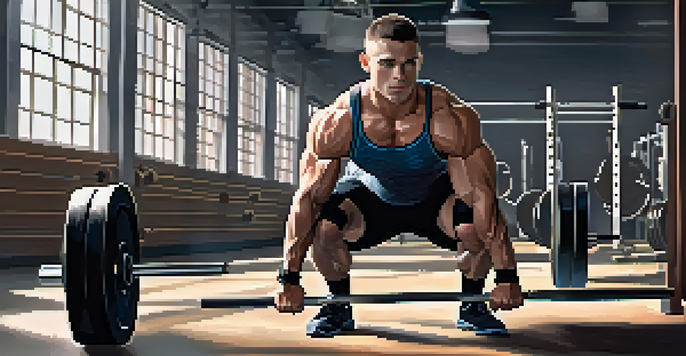 A powerlifter demonstrating correct squat form in a gym, with weights and natural light creating a focused atmosphere.