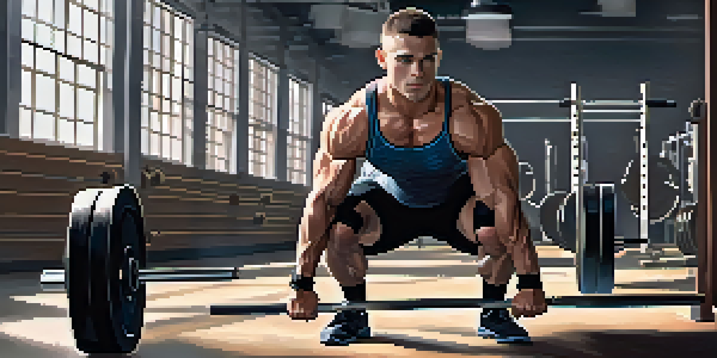A powerlifter demonstrating correct squat form in a gym, with weights and natural light creating a focused atmosphere.
