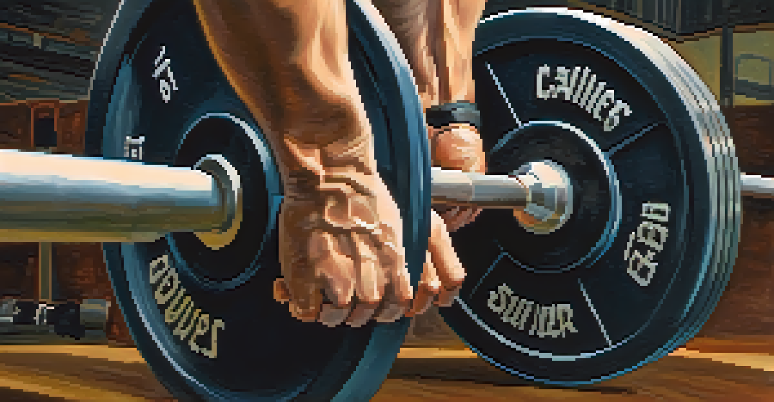 Close-up of a powerlifter's hands gripping a barbell, highlighting the texture and strength, with a focused expression in a softly lit environment.