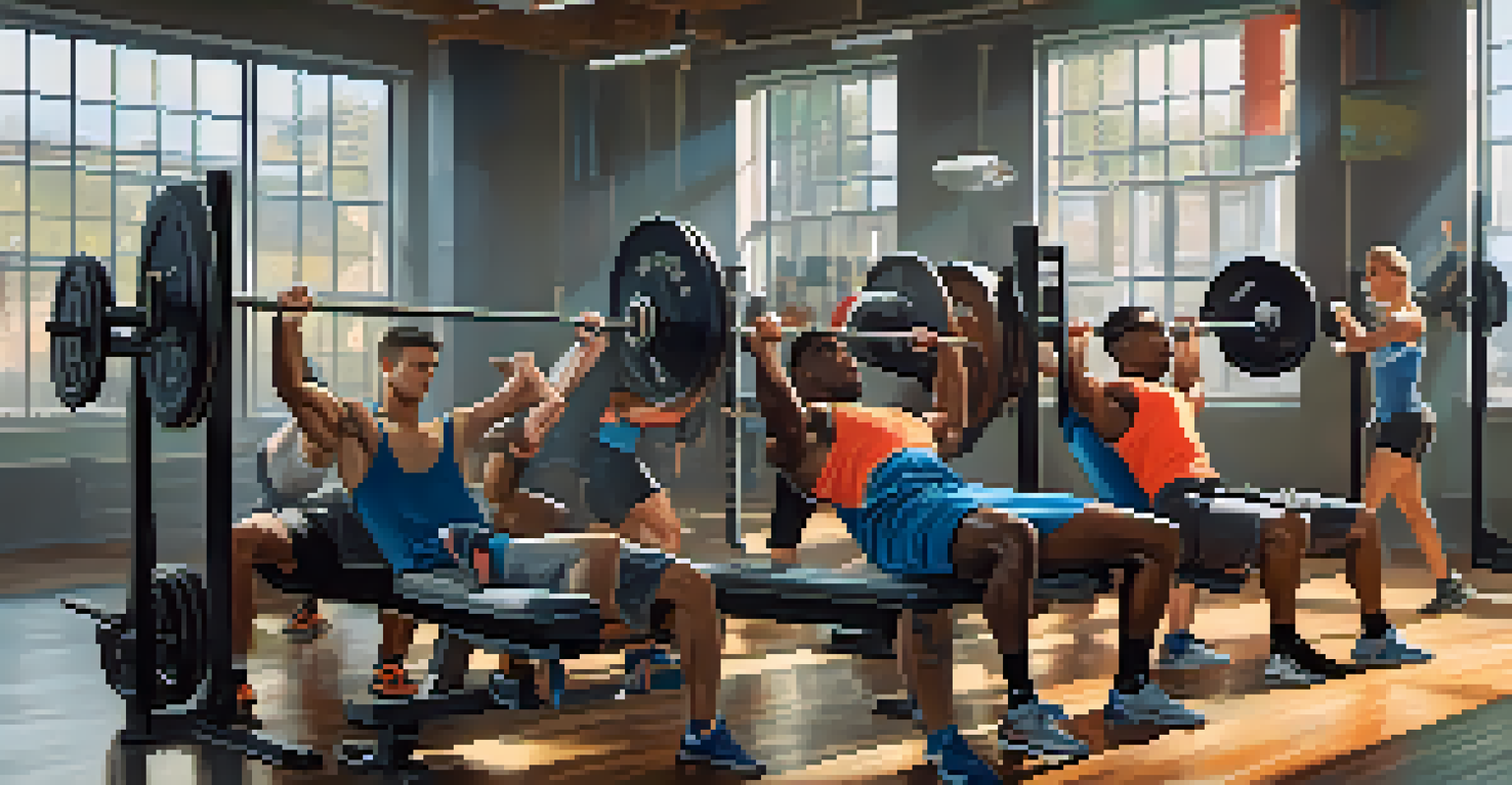 A diverse group of athletes training in a gym, focusing on close-grip bench press exercises, creating an energetic atmosphere.