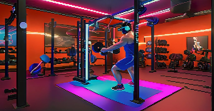 A lifter in a virtual reality gym with digital weights, wearing a VR headset and surrounded by colorful lights.