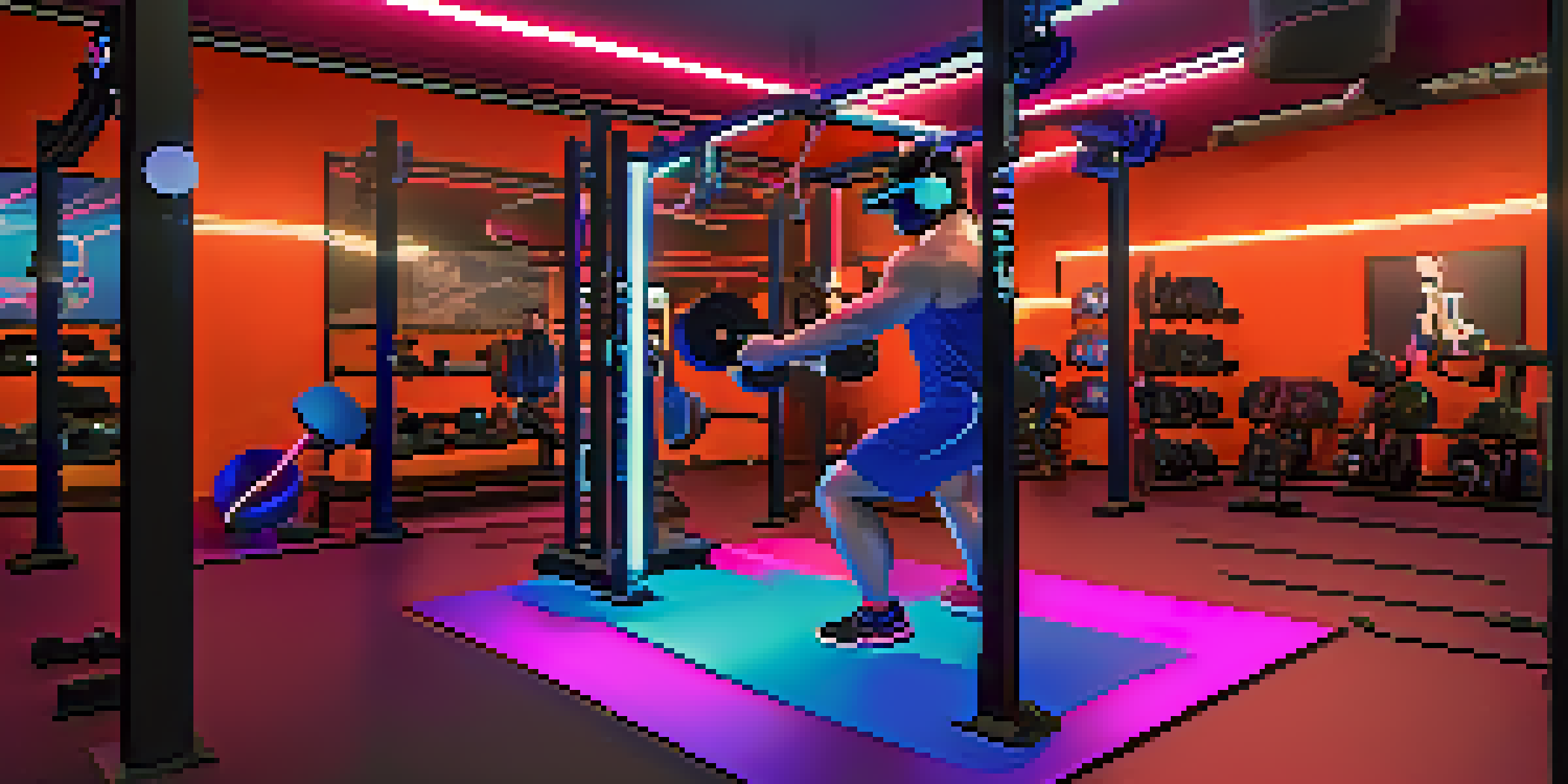 A lifter in a virtual reality gym with digital weights, wearing a VR headset and surrounded by colorful lights.