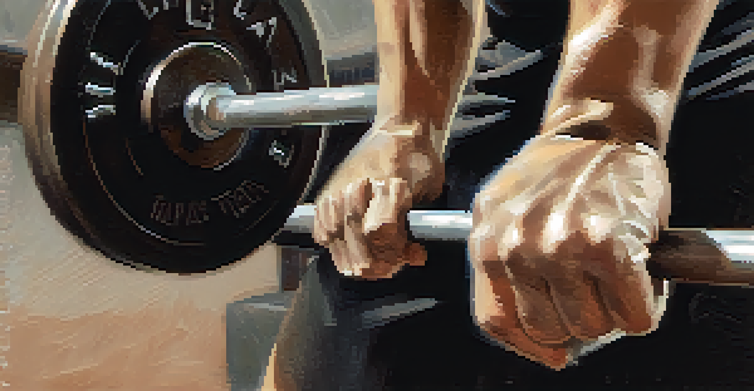 A close-up of a powerlifter's hands gripping a barbell during warm-up, highlighting the chalk on their palms and the texture of the bar.