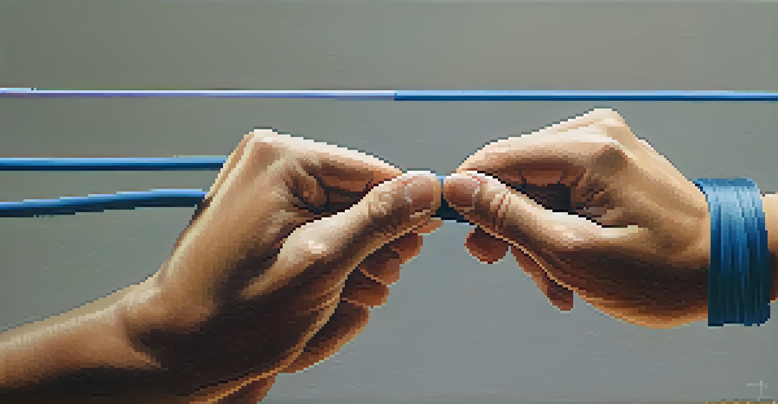 A close-up view of hands gripping a colorful resistance band, focusing on the texture and elasticity of the band.