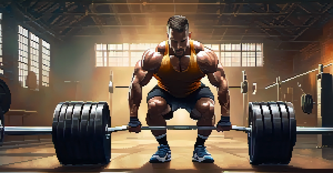 A powerlifter deadlifting with correct form in a gym, emphasizing a neutral spine and concentration.