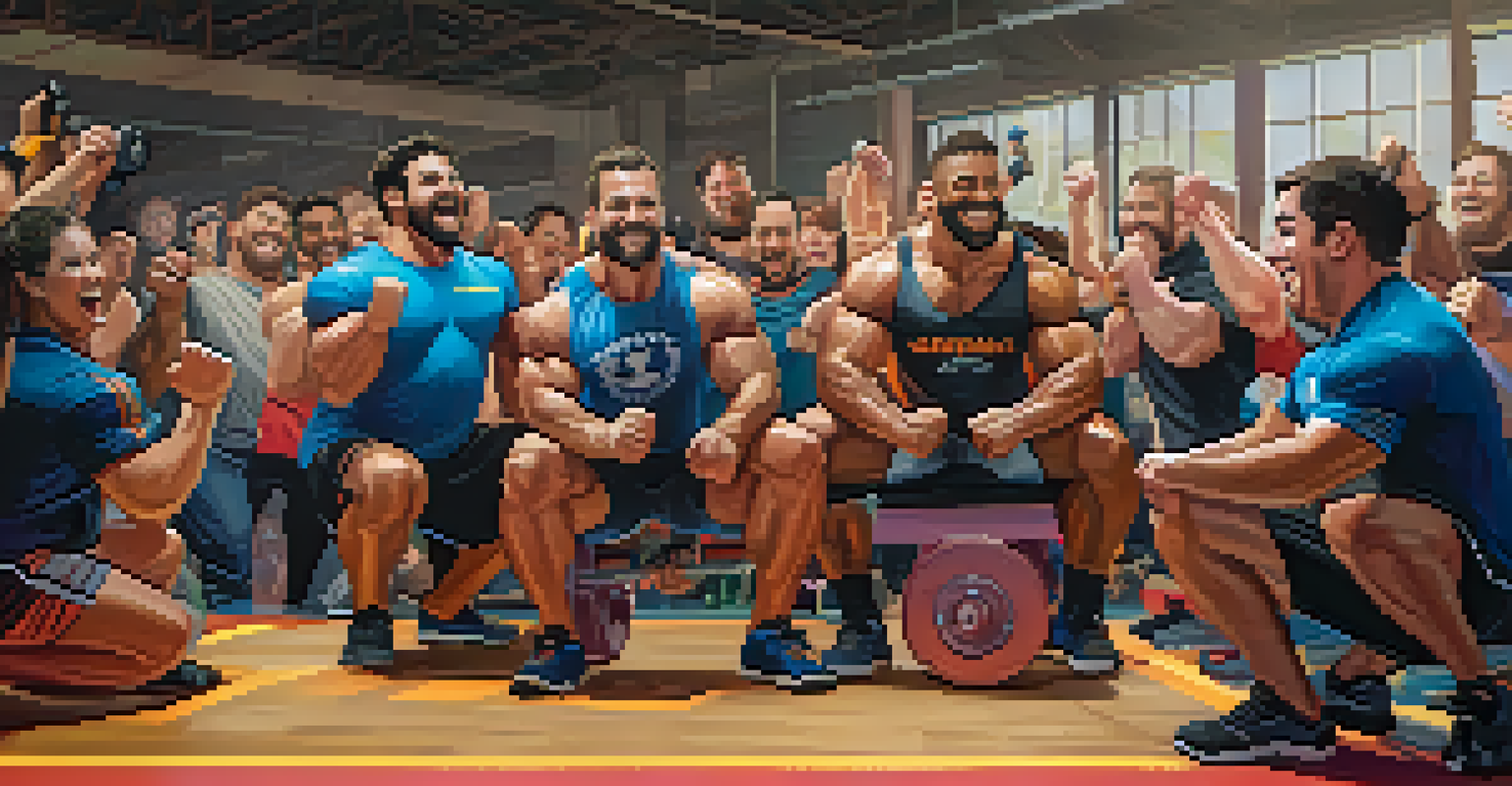 A group of powerlifters celebrating their success with smiles and high fives in a colorful gym.